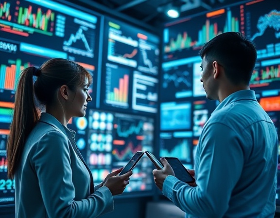 emerging marketing data trends, analytical perspective, gathering information, photorealistic, digital hub surrounded by illuminated data panels and virtual assistants, highly detailed, data lines and patterns in motion, ISO 200, vibrant, soft spotlighting, shot with a 70-200mm lens.