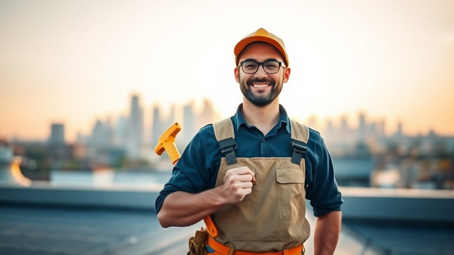 Confident roofer smiling with tools, rooftop view, city skyline behind.