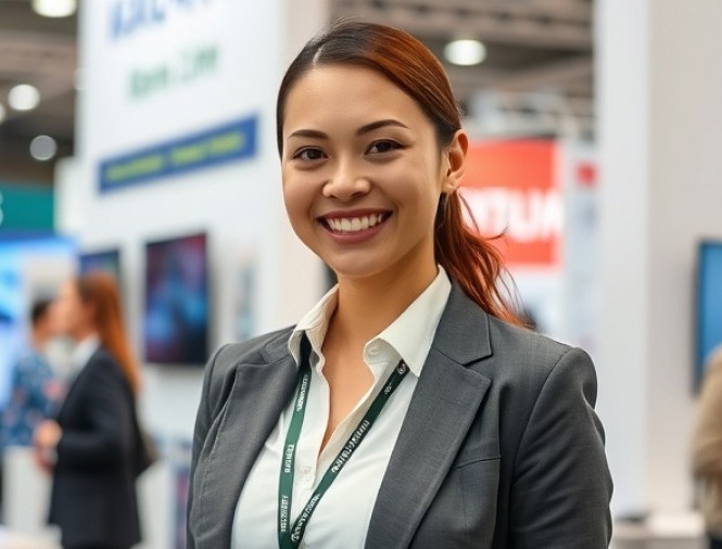 Happy female exhibitor in a professional suit posing at her expo booth