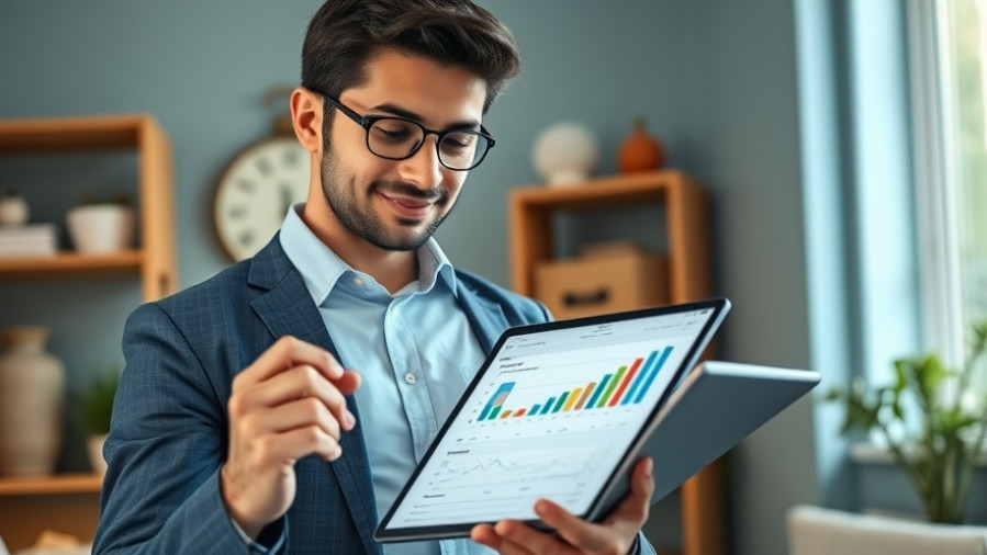 Confident young professional analyzing colorful graphs on a tablet indoors.