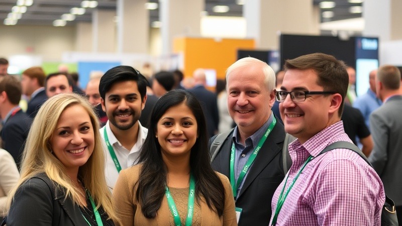 Diverse group of professionals at a convention discussing ideas.