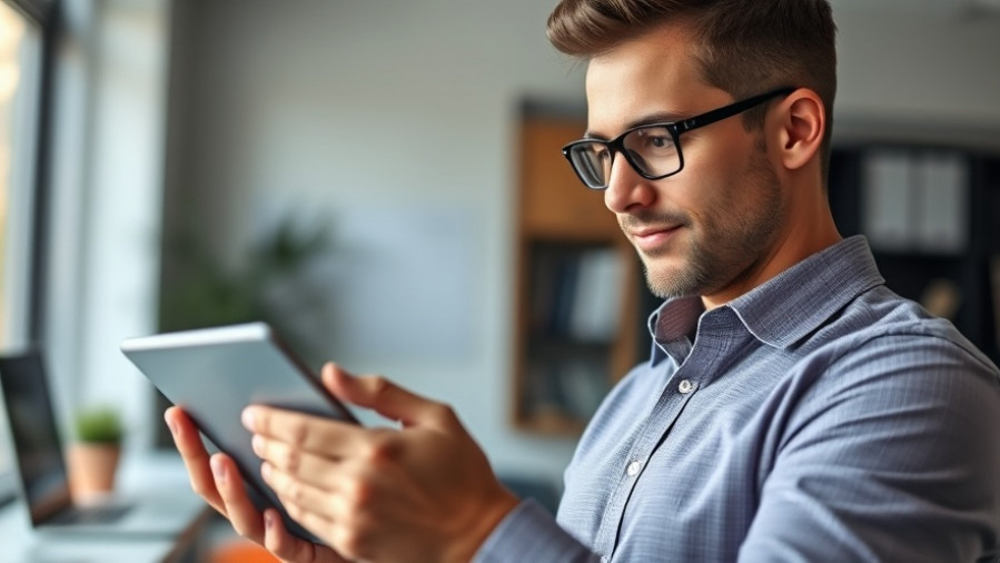 Confident marketer analyzing data on a tablet in a bright office.