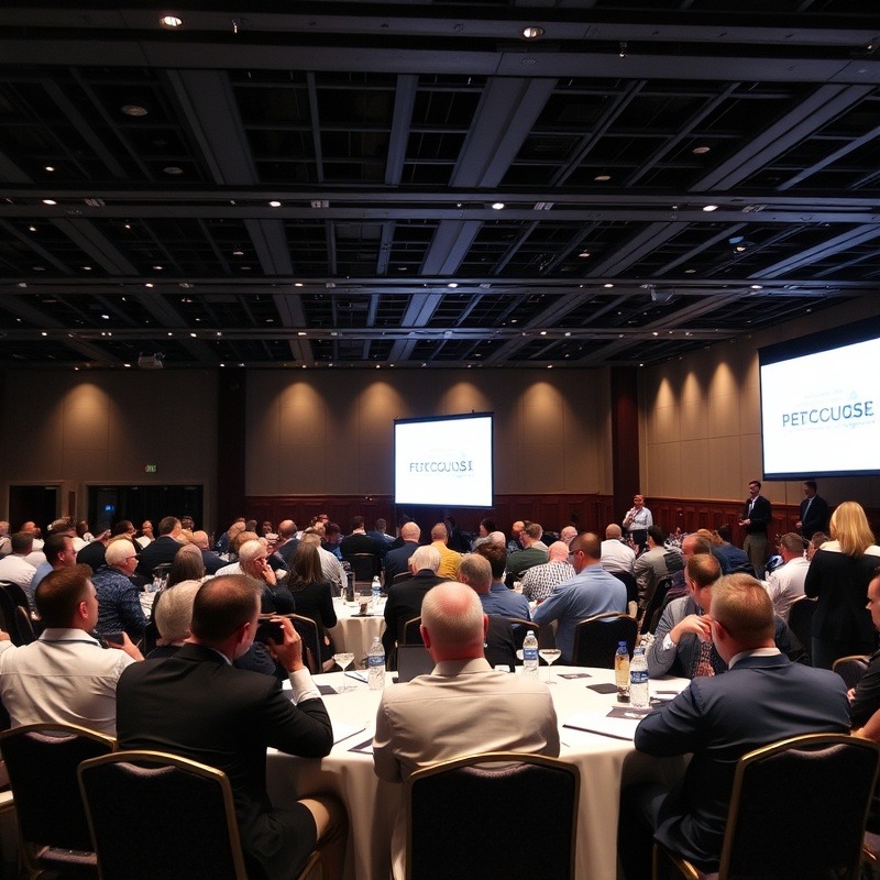 Professional conference attendees engaged in discussions and networking.