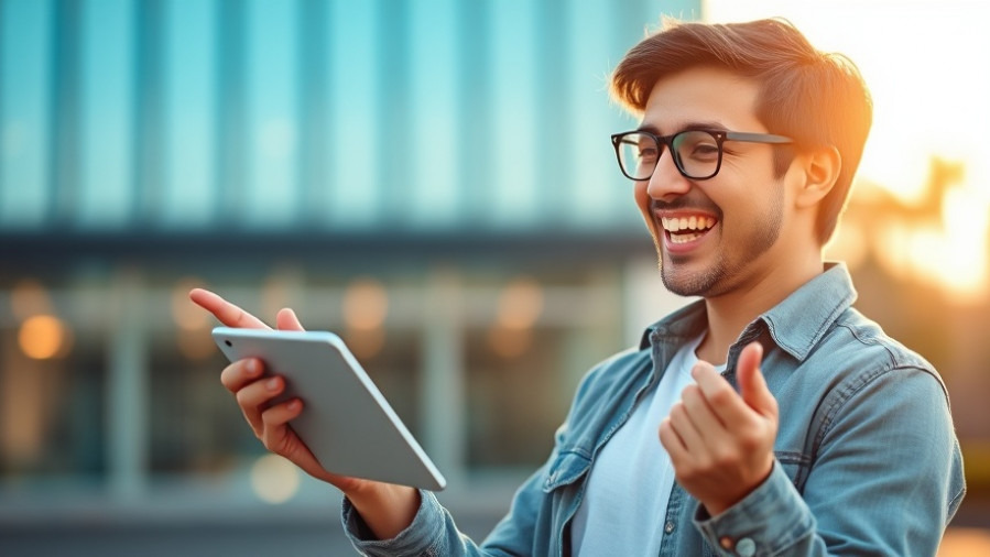 Happy marketer reviewing conversion stats on a tablet during golden hour.