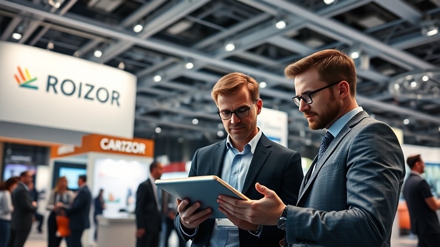 Corporate event inside modern convention center with engaged attendees analyzing ROI data.