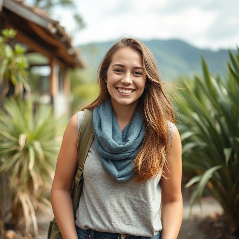 Happy female digital nomad, sustainability journalist, and minimalist travel expert