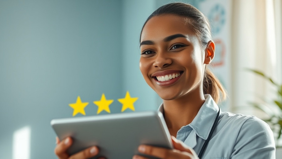 Confident home service professional smiling with digital tablet and stars.