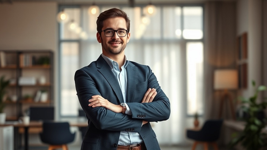 Confident small business owner exudes expertise in modern home office.