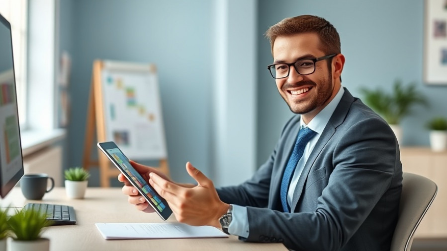 Smiling business owner reviewing a colorful digital calendar on tablet in a softly lit office.