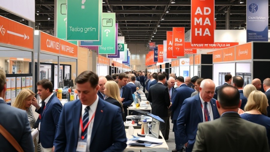 Professionally dressed attendees networking at a busy trade show.