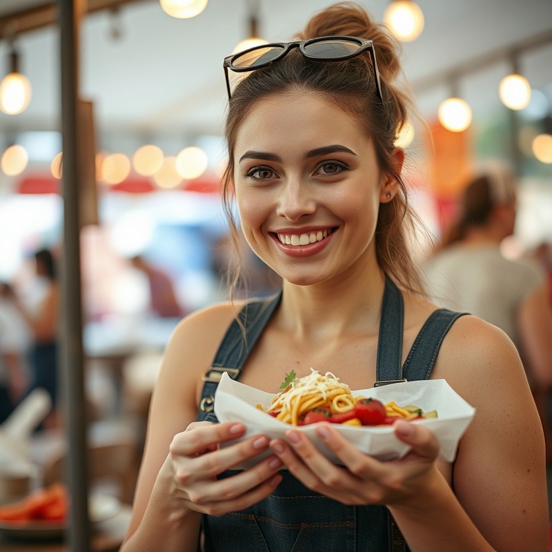 Portrait of a girl Foodie Nomad enjoying diverse culinary delights.