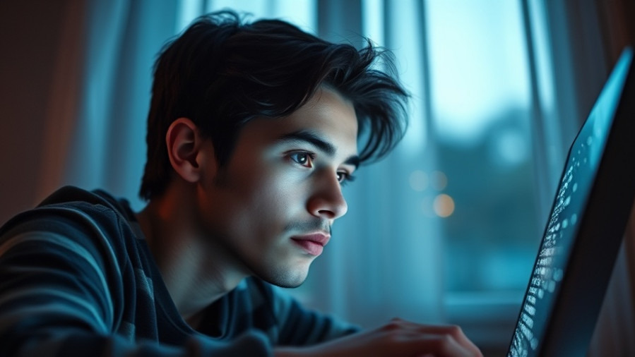 Young marketer with thoughtful expression gazes at glowing laptop screen filled with data points.