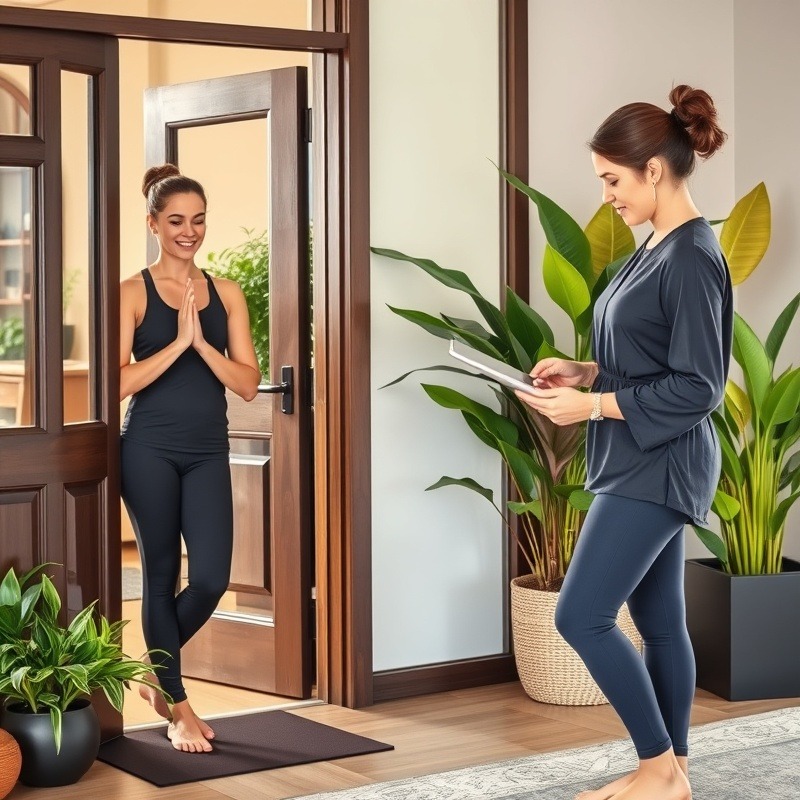 Yoga studio owner in vibrant outfit welcoming clients, surrounded by healthy plants.