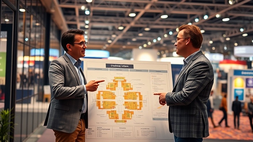 Cinematic scene of event leaders collaborating in a modern trade show planning room.