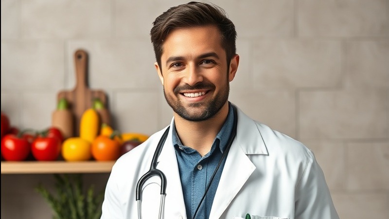Male nutritionist doctor presenting healthy nutritious food in portrait orientation.