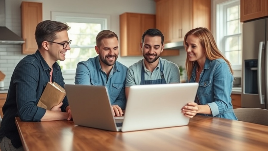 Happy remodeling team discussing plans over a laptop in a renovated kitchen.