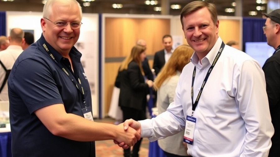 Two happy exhibitors shaking hands at a vibrant trade show.