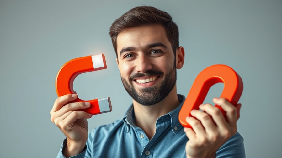 Confident modern marketer with glowing magnet attracting digital icons