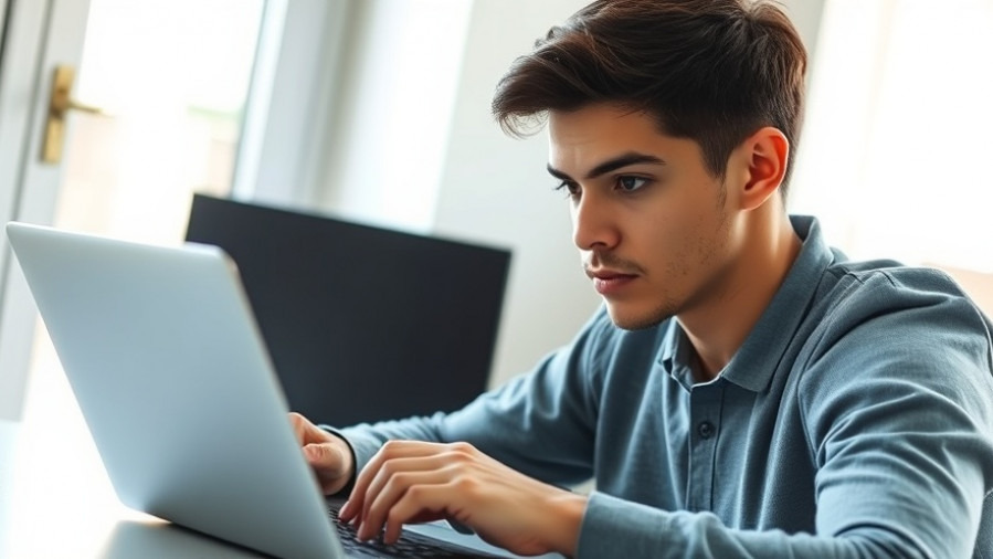 Focused young digital marketer analyzing data on a sleek laptop in soft morning light.