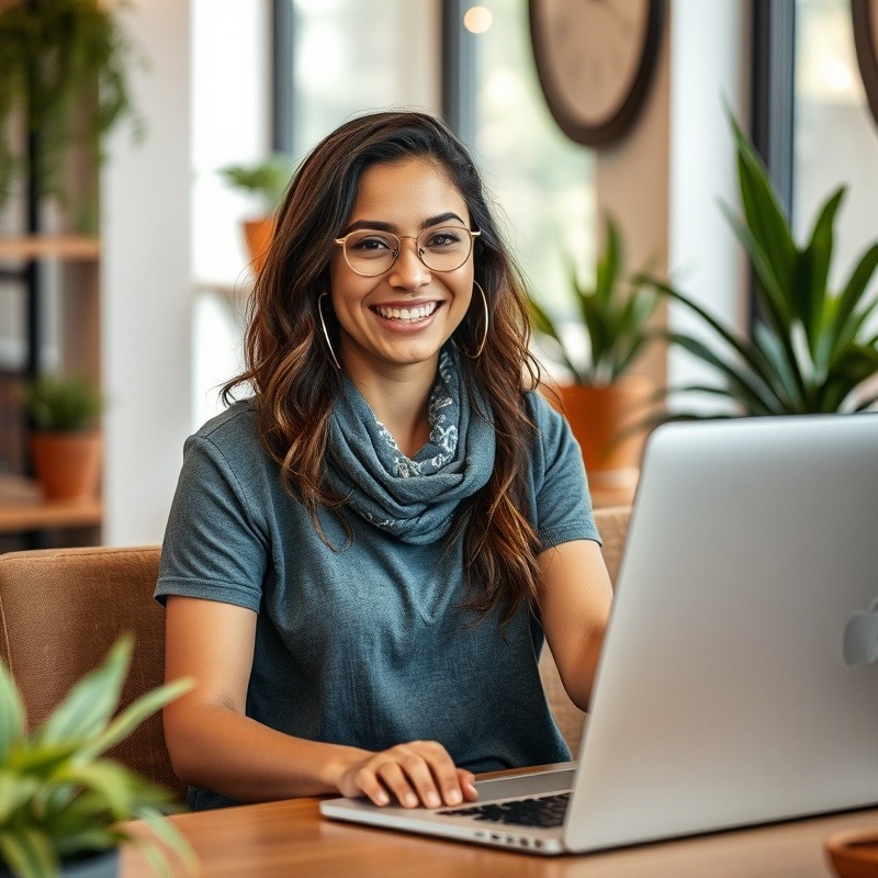 Happy female nomad ergonomics specialist creating healthy workspaces for digital nomads.