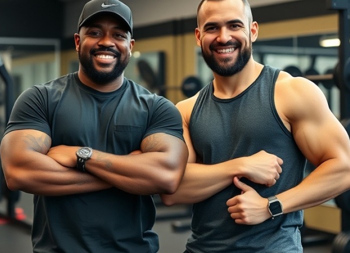 Diverse happy gym coaches proudly posing in a vibrant gym setting.