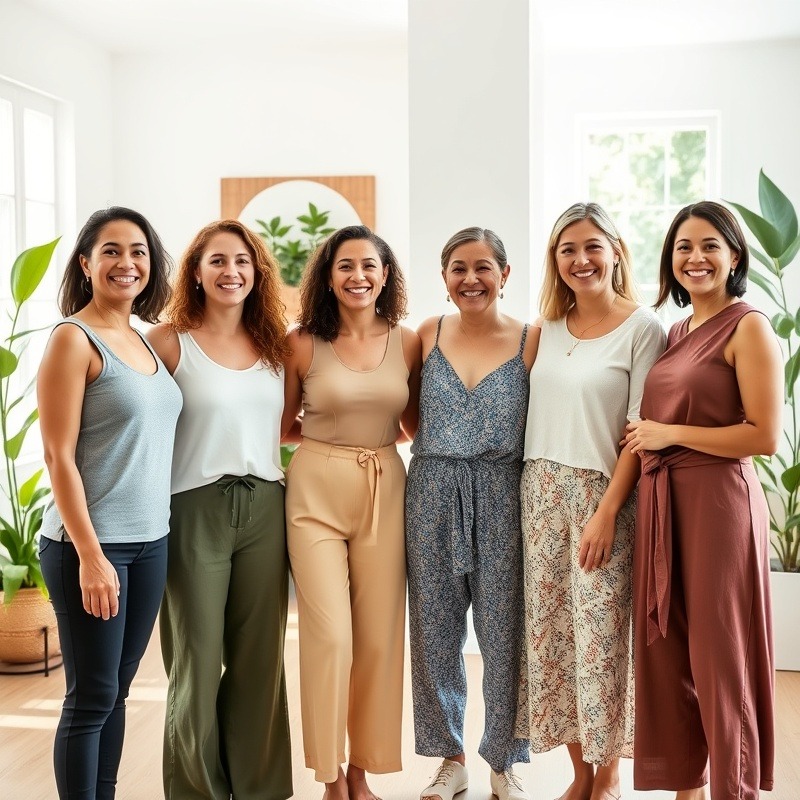 Diverse wellness professionals smiling together in a bright conference room.