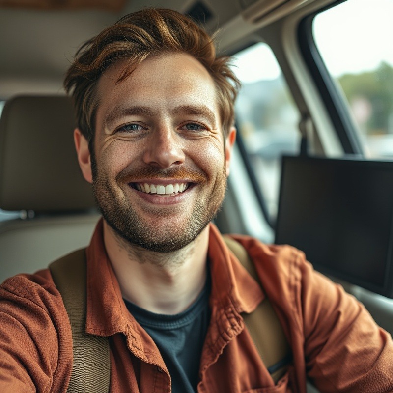 Medium close-up portrait of a happy guy, the 'Workspaces on the Move' nomad.