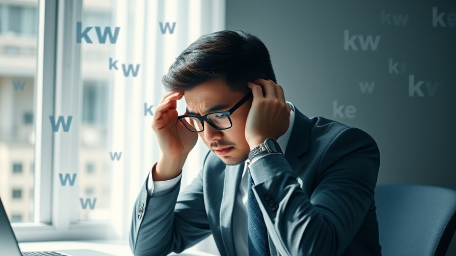 Frustrated digital marketer at desk, surrounded by keyword symbols in soft daylight.
