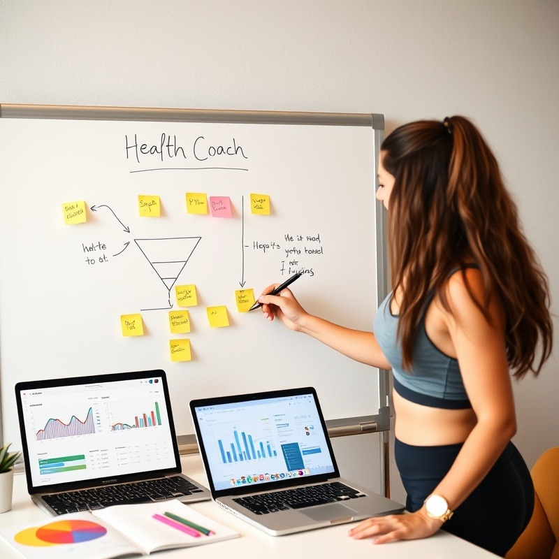 Health coach in gym attire plans with funnel diagram on whiteboard, showcasing structure.