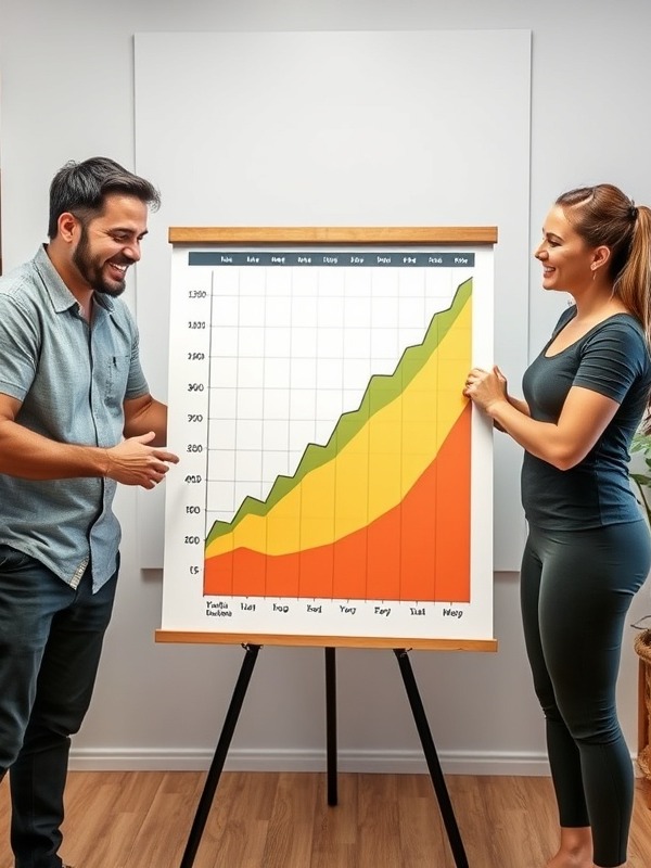 Nutritionist and fitness coach collaborating on a growth chart, showcasing community support