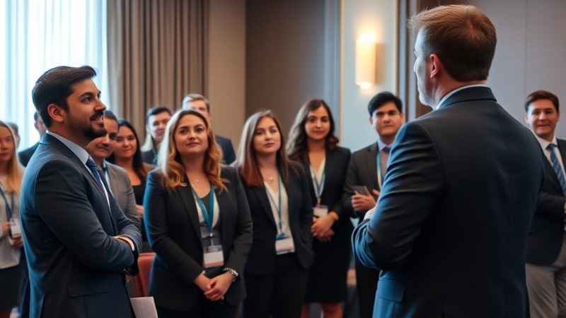 Professionals attentively listening to a trainer in a hotel venue setting.