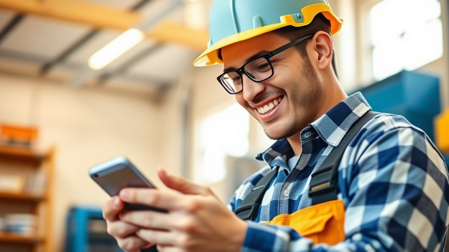 Cheerful electrician in work attire engaged with smartphone in bright workspace.
