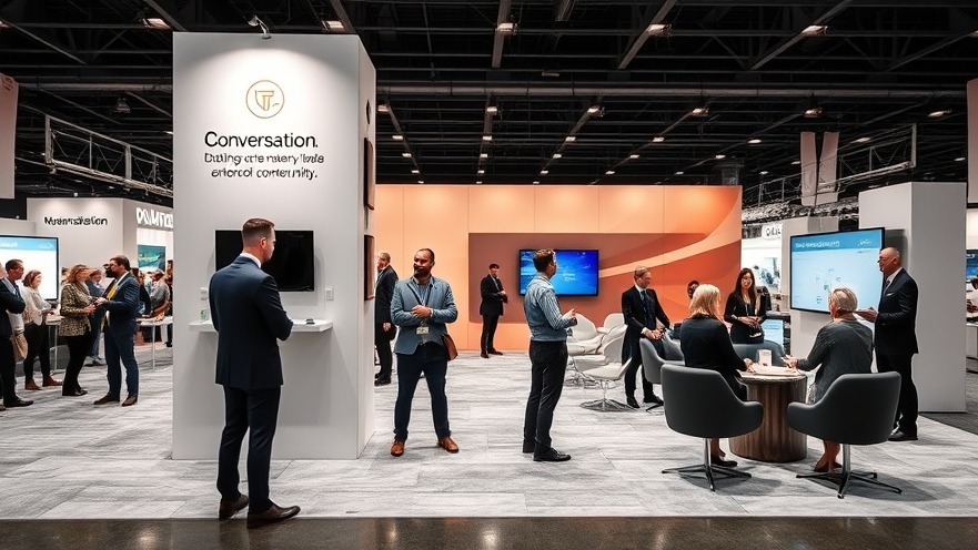 Modern trade show booth designed for conversation and lead capture with engaged staff.
