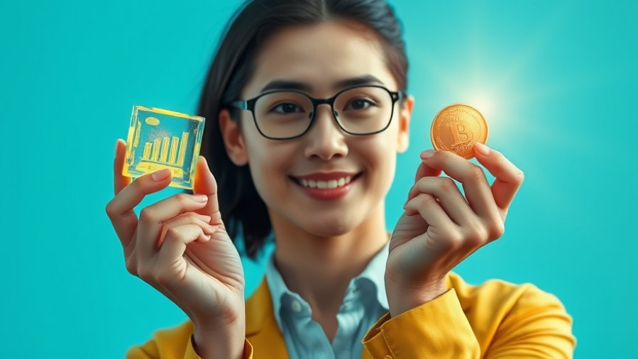 Confident professional weighing digital content and a coin, bright studio lighting.