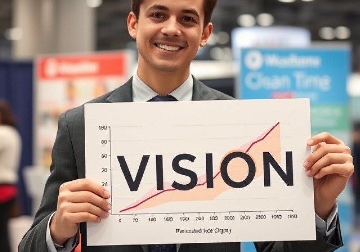 Happy young professional exhibitor in a suit presenting a graph labeled VISION