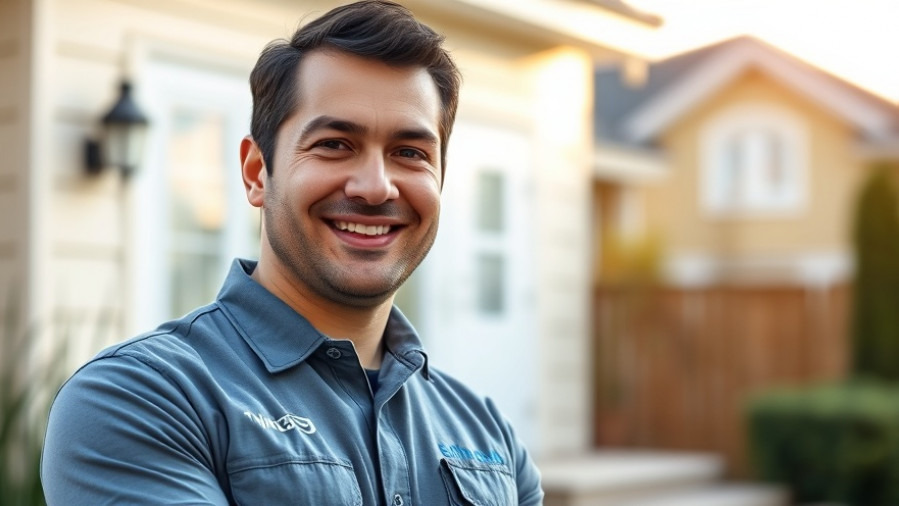 Confident home service expert with a warm smile in branded attire, conveying trust.