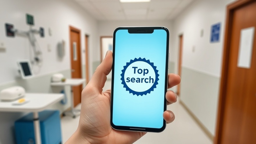 Close-up of a hand holding a phone with a 'Top search' badge in a small clinic.