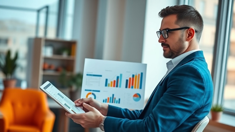 Confident home improvement marketer analyzing colorful charts on a tablet in a stylish office.