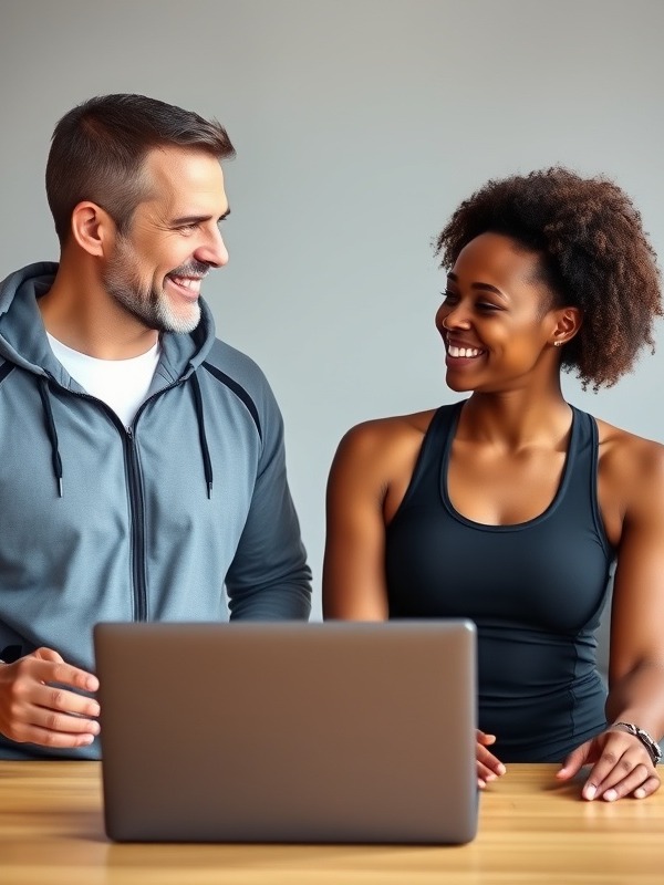 Happy male coach and black female discussing fitness plans over laptop.