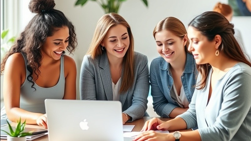 Diverse small business owners collaborating, representing wellness and yoga in a bright setting.