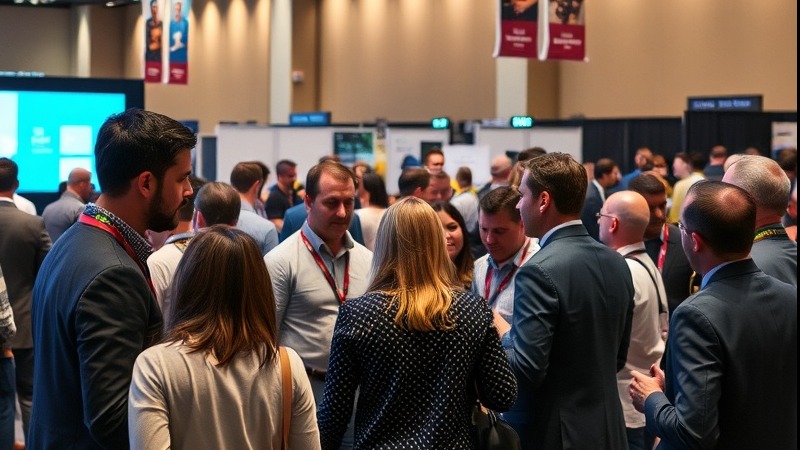 Collaboration of professionals at a convention showcasing teamwork and innovation.