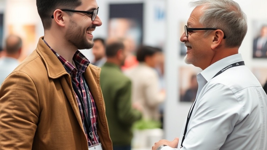 Male exhibitor happily discussing with a client at an event.