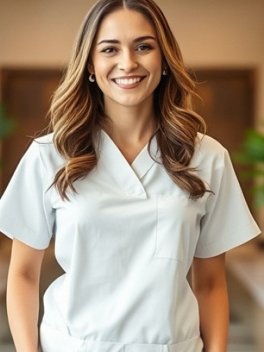 Happy female aesthetician in white scrub suit at a modern spa lobby