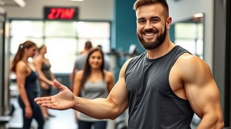 Male gym owner welcoming customers with a friendly smile