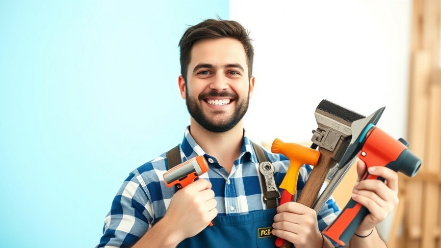 Confident handyman smiling, holding tools in bright indoor studio.