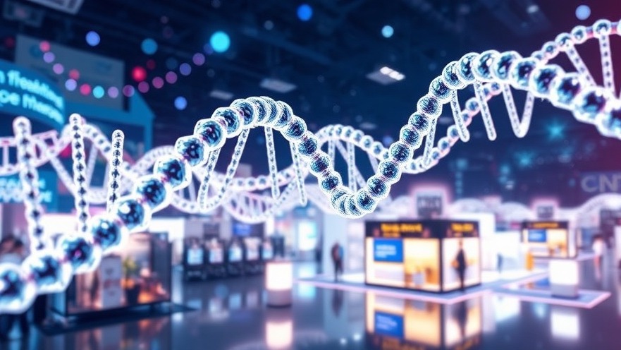 Futuristic infographic of DNA-like strands creating trade show booths, symbolizing event strategy.