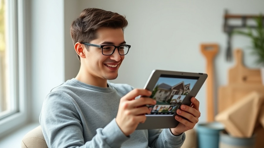 Confident homeowner smiles while reviewing vibrant renovation photos on a tablet.