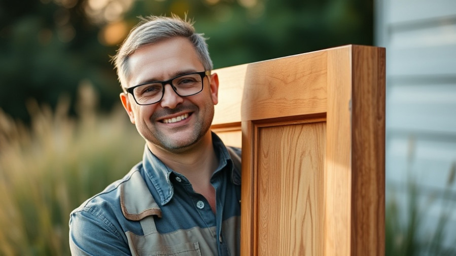 Confident business owner proudly holds a refinished cabinet in warm golden lighting.