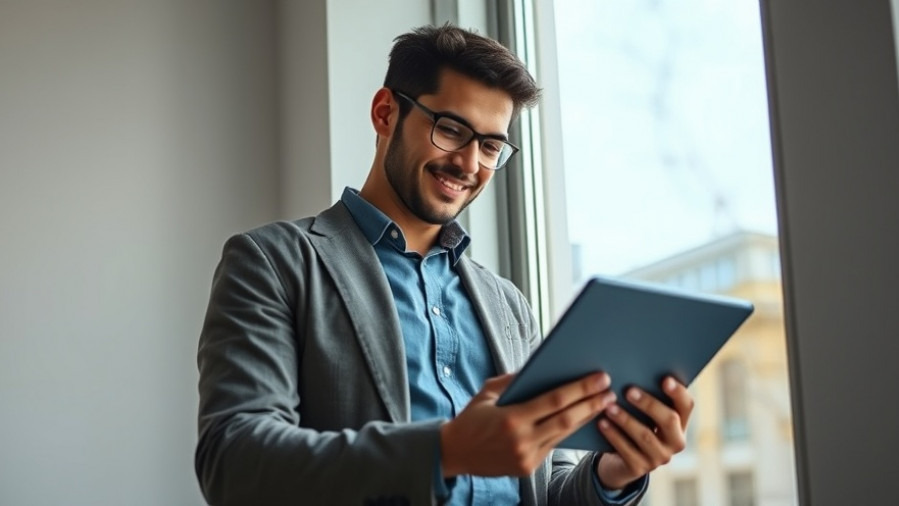 Confident marketing professional analyzing data on a tablet by a bright window.