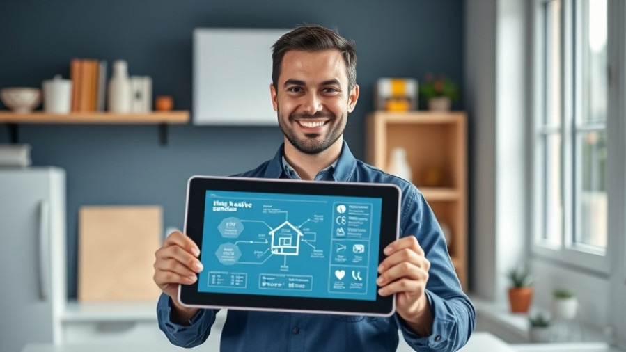 Confident home service pro with tablet showing glowing diagram in tidy workspace.